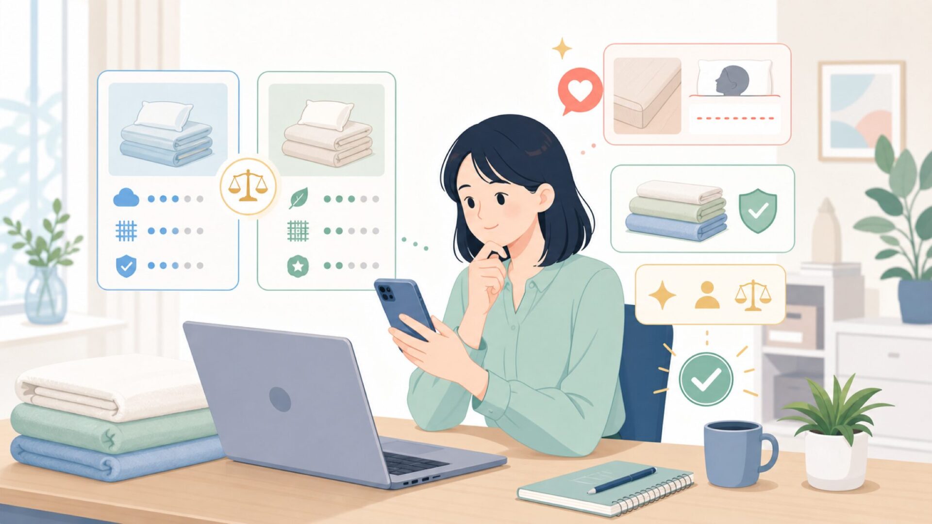 Mellanniと日本製・高級リネンとの違いで選ぶを表すイラスト