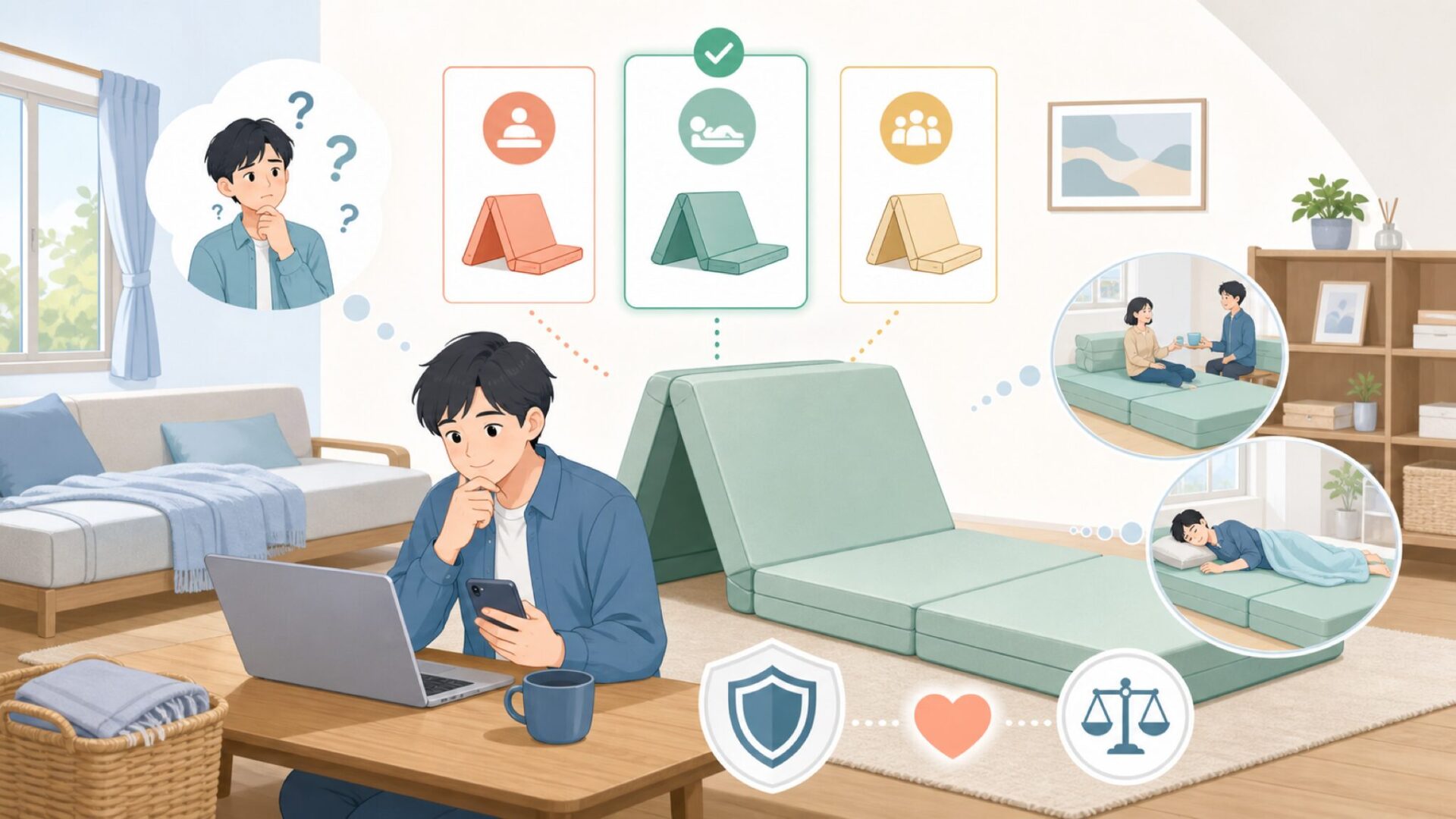 折りたたみ式としての使い勝手（来客用・お昼寝用の活用）を表すイラスト