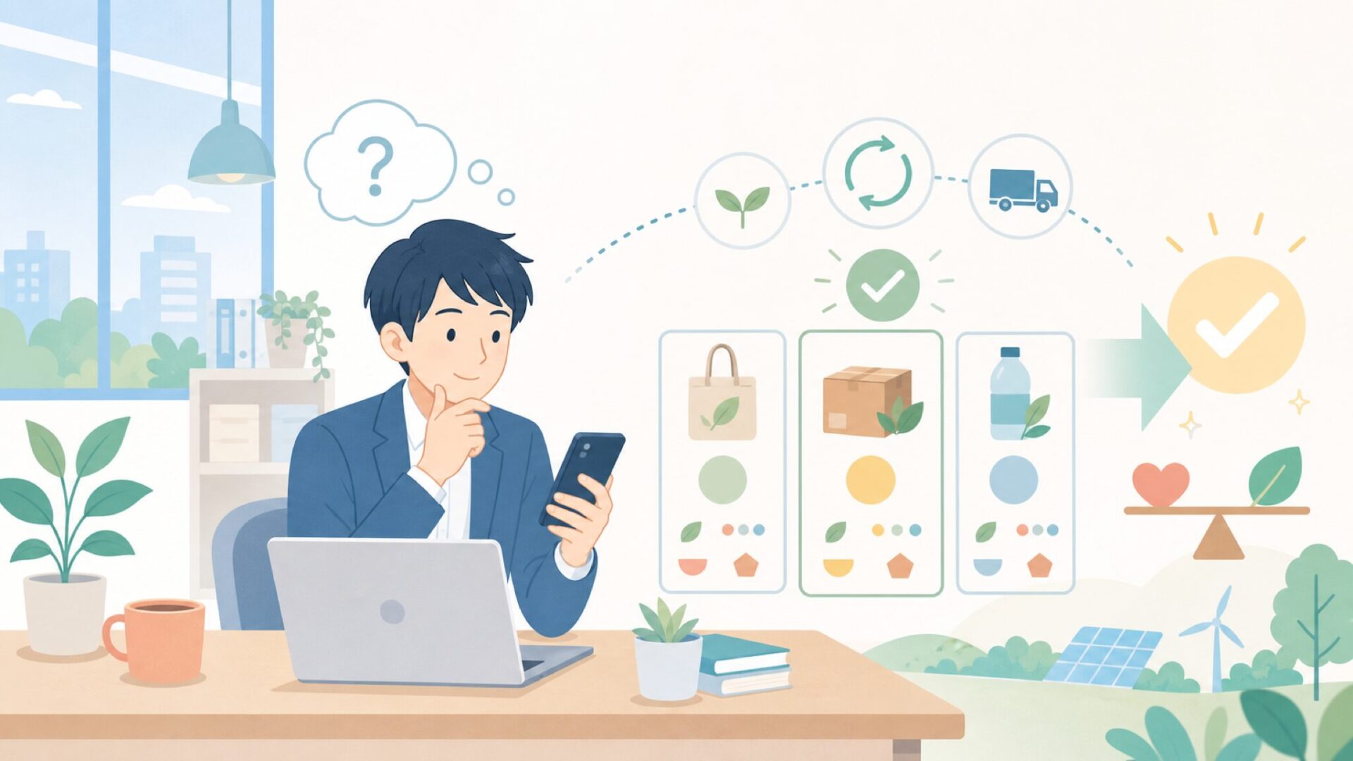 サステナブルな取り組みと「安さ」が成り立つ理由を表すイラスト