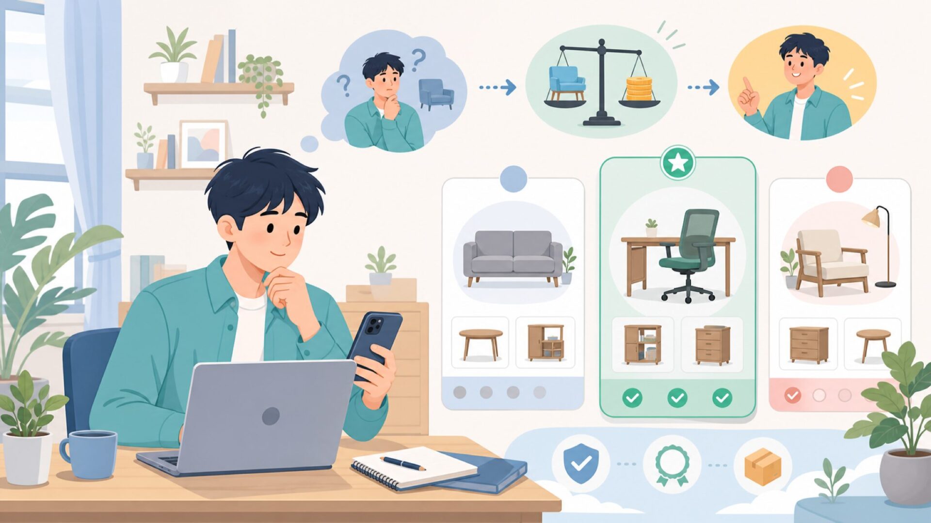 予算別に見る家具選び YITAHOMEの立ち位置と代替ブランドを表すイラスト