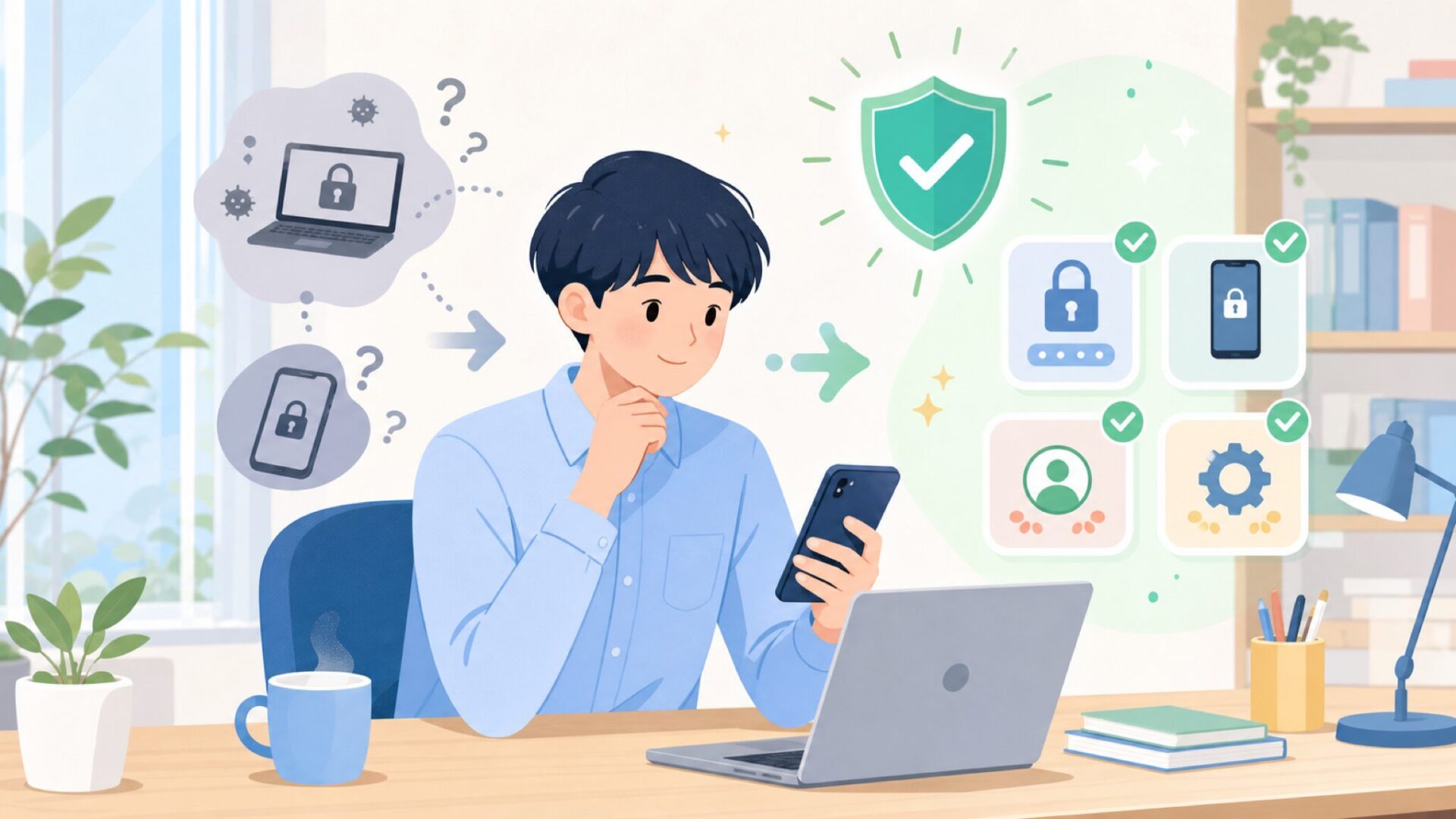 今日から実践できるハッキング対策4つの基本を表すイラスト