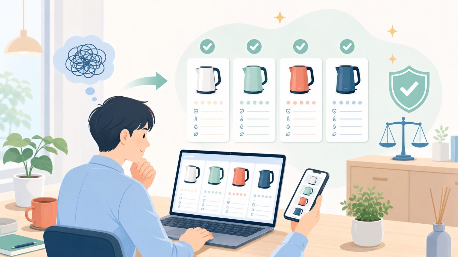 Aigostar以外にも検討したい電気ケトル4選を表すイラスト