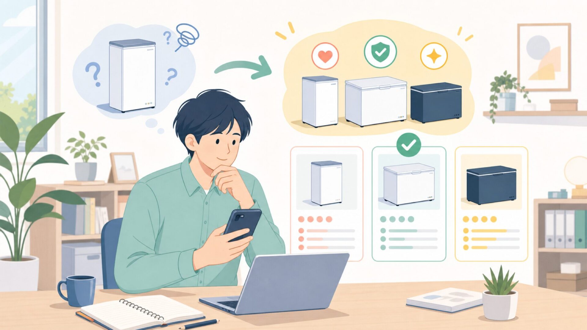 simplus冷凍庫はどんな人におすすめ?選び方のポイントを表すイラスト