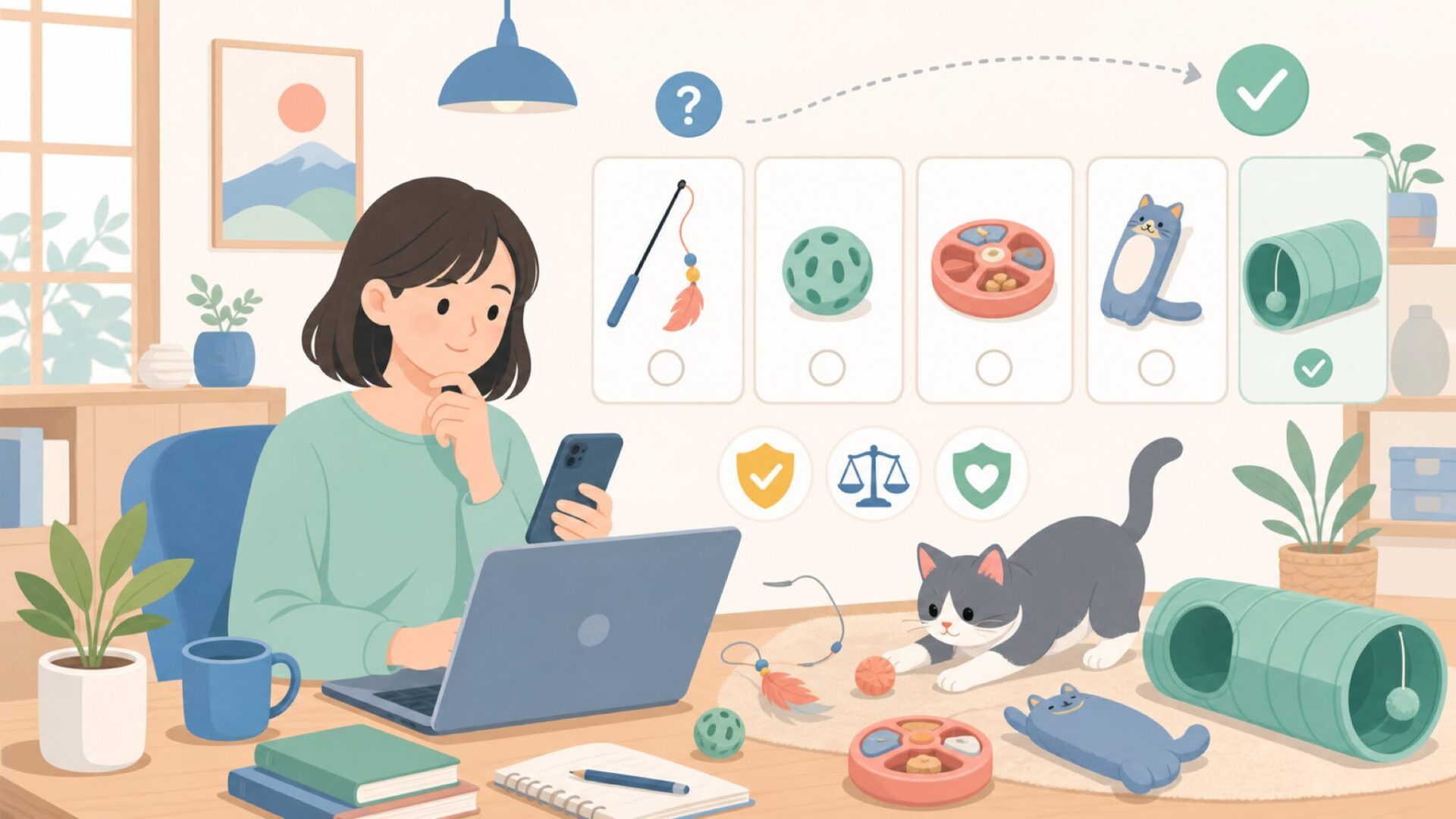 猫の下僕を含むおすすめ猫おもちゃの選び方・比較のコツを表すイラスト