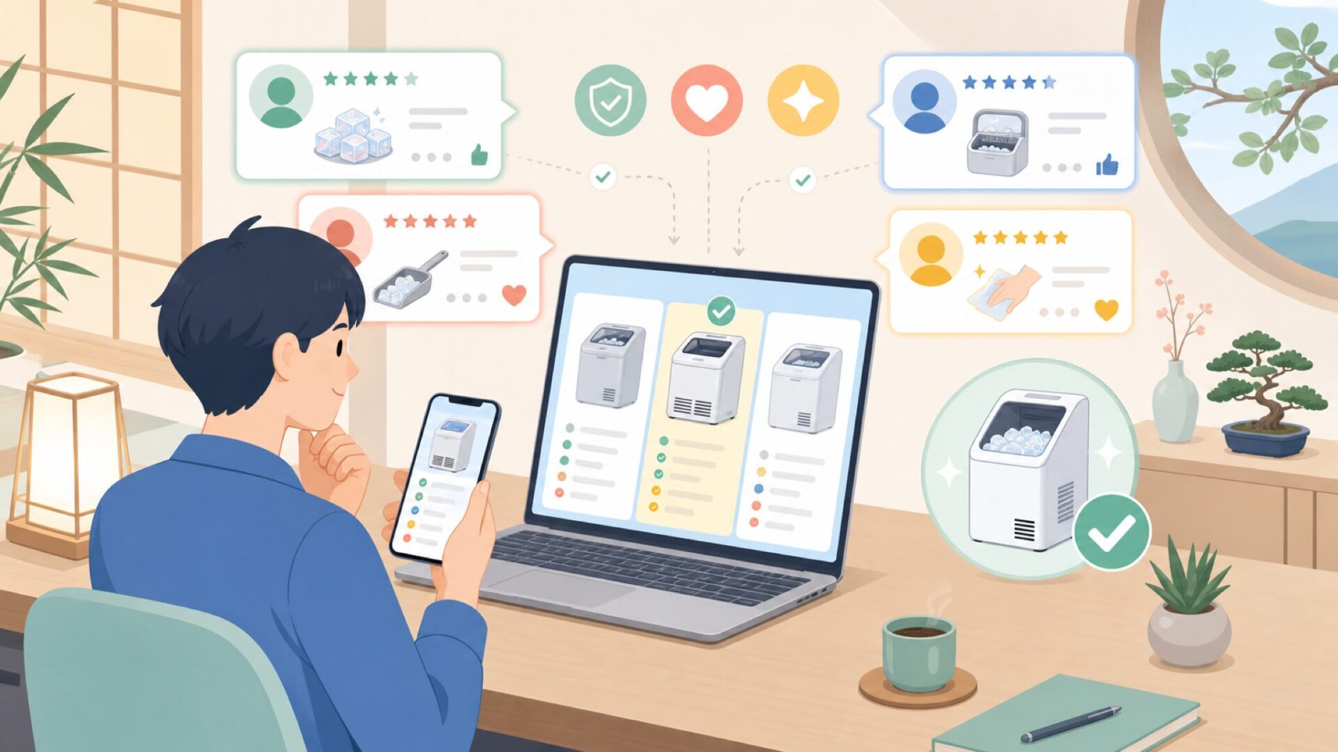 カスタマーレビューから見えるAcnivko製氷機の評価傾向を表すイラスト
