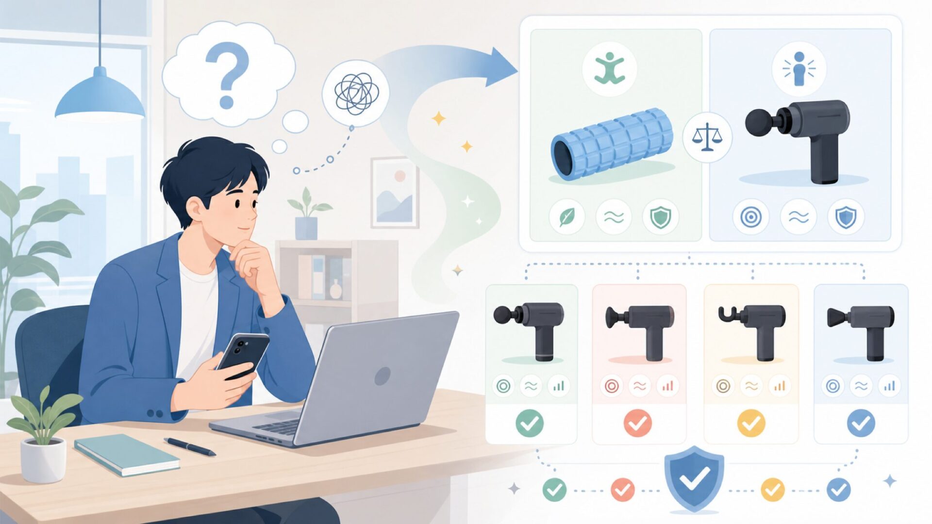 フォームローラーや他社マッサージガンとの違いは？を表すイラスト