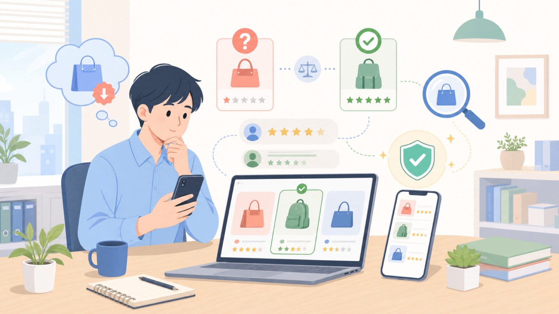 価格の安さは信頼できる？レビューと類似ブランドの見極め方を表すイラスト
