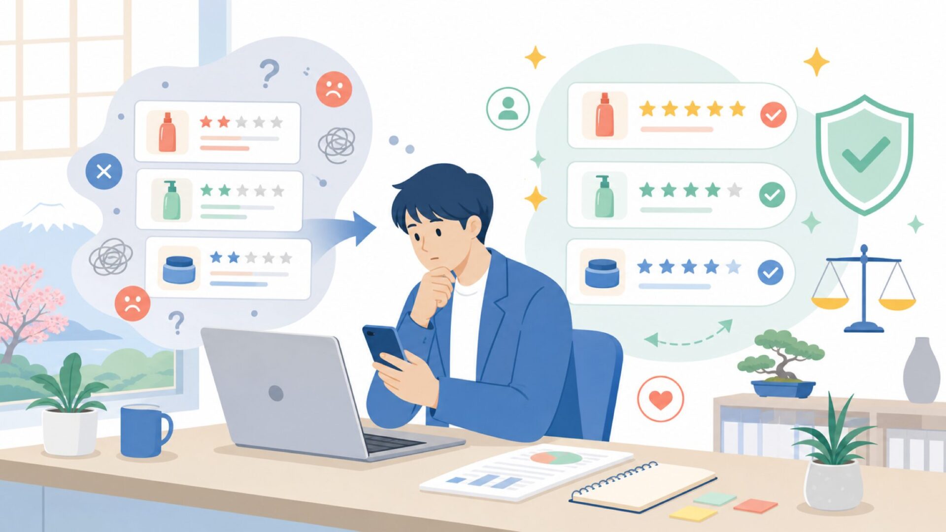 Amazonのレビュー傾向から信頼度を見極めるを表すイラスト