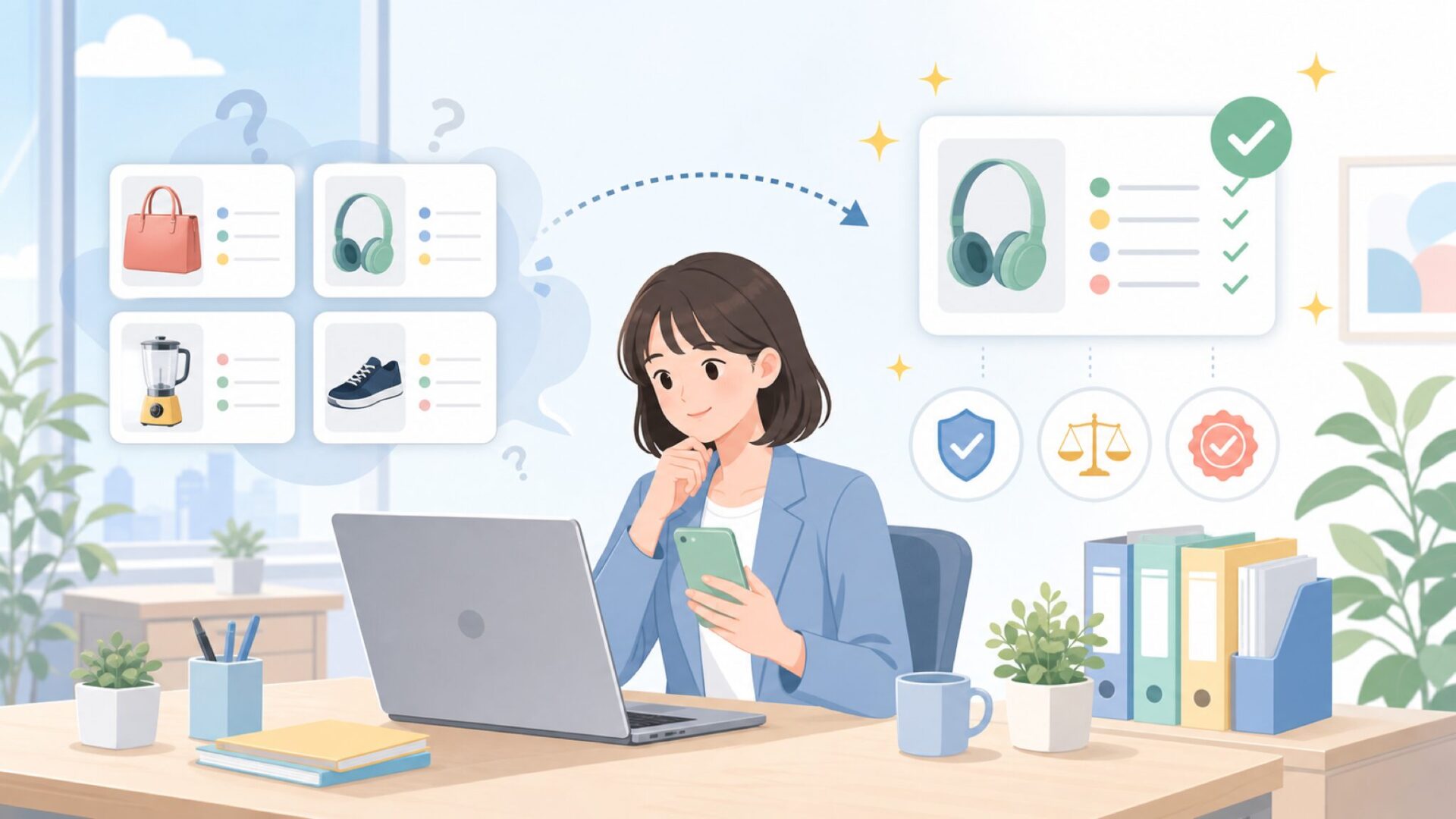 購入前にチェックしたい商品情報の見方を表すイラスト