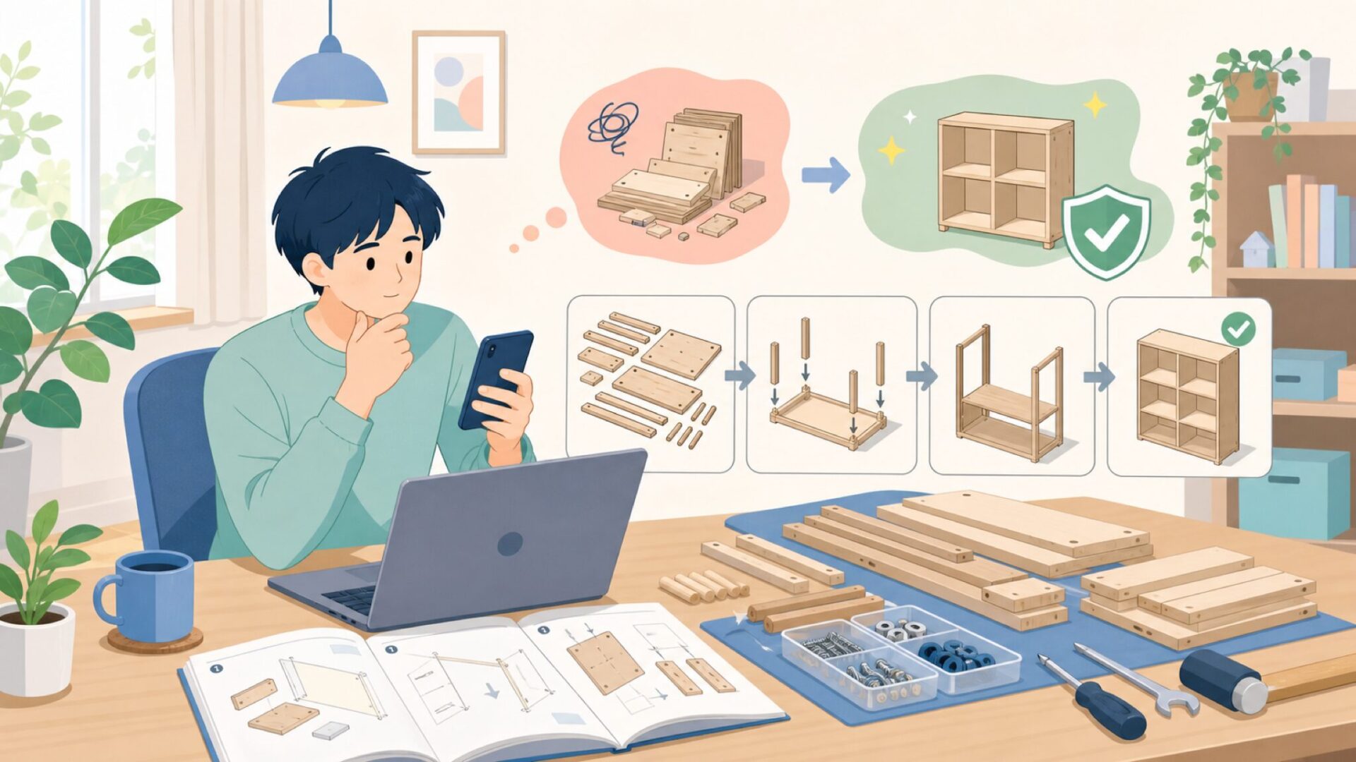 説明書・組み立てで困らないための準備を表すイラスト