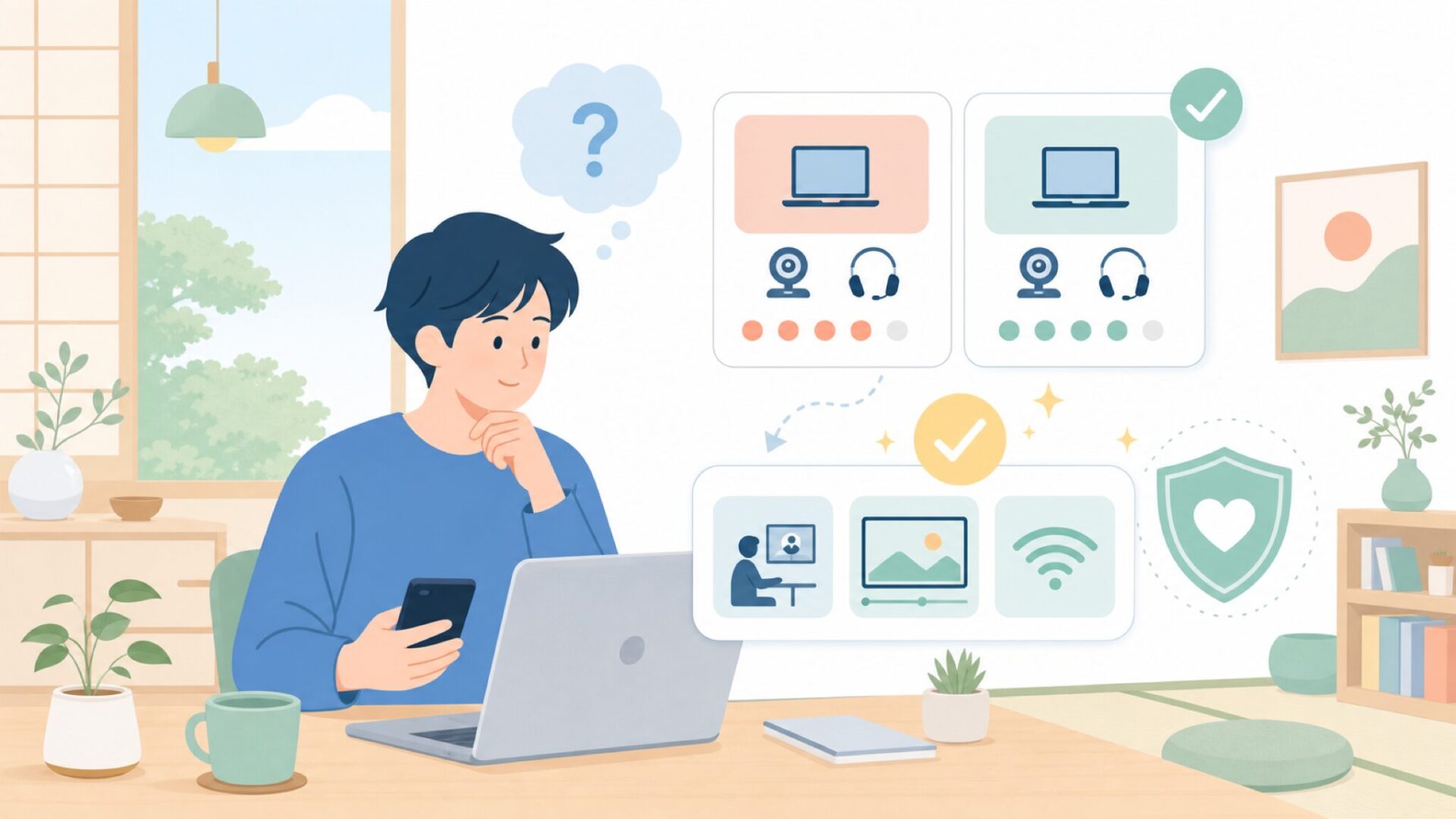 実際の使い勝手は?在宅勤務・動画視聴での評価ポイントを表すイラスト