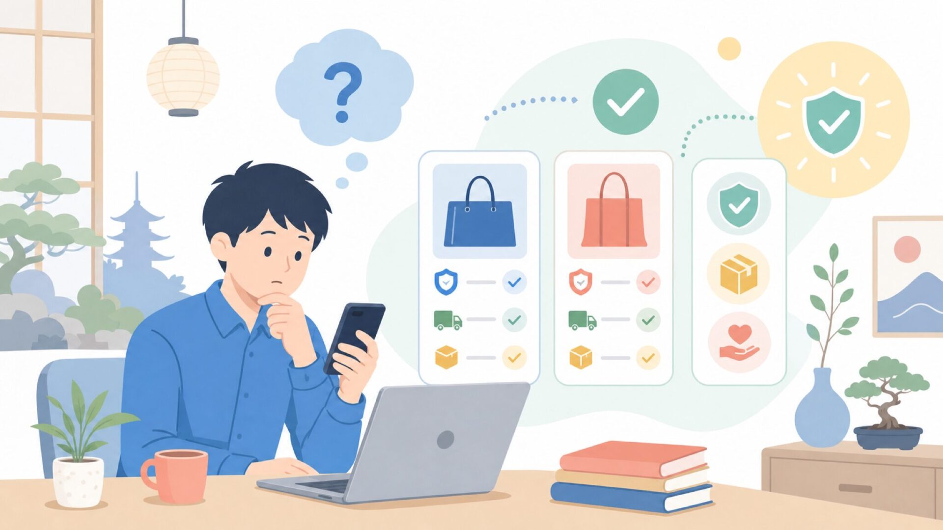 日本で購入する時に押さえておきたい注意点を表すイラスト