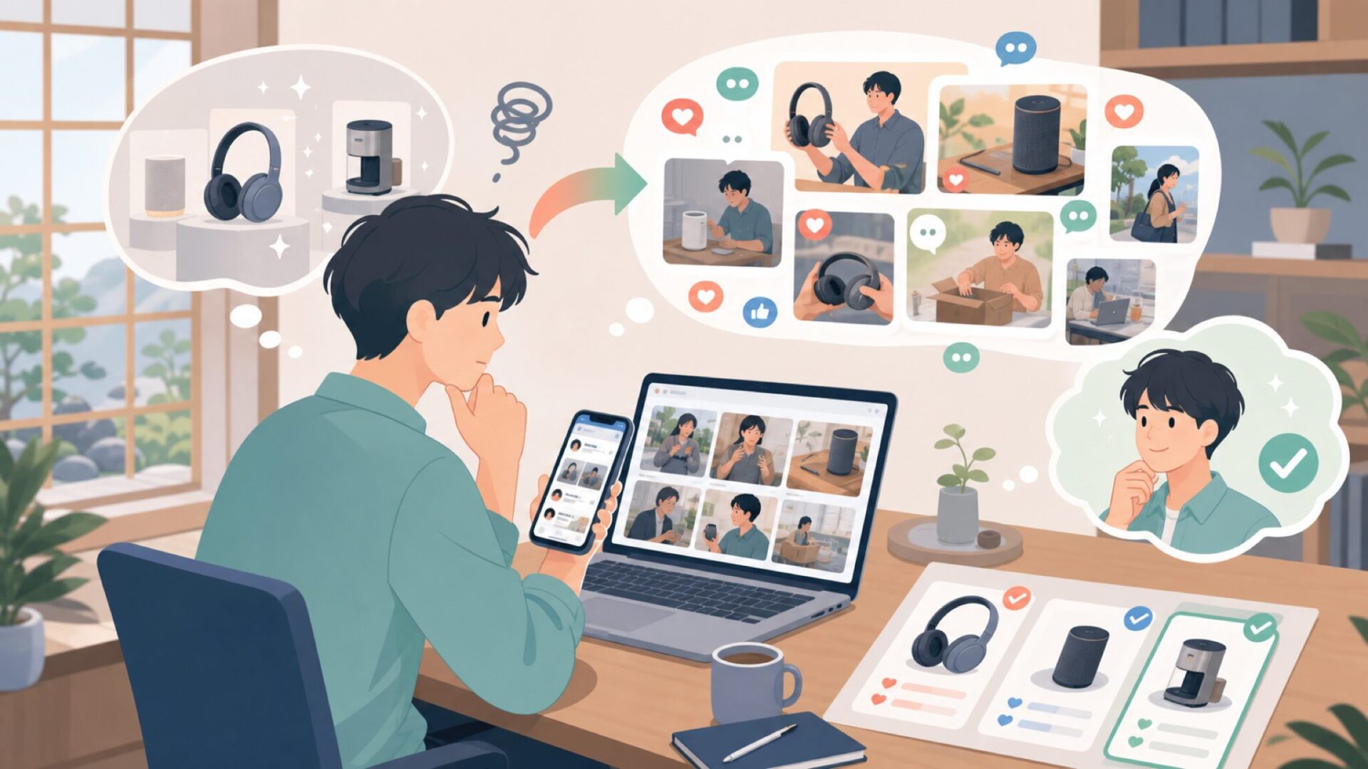 SNS・YouTubeで見る実際の使用感を表すイラスト