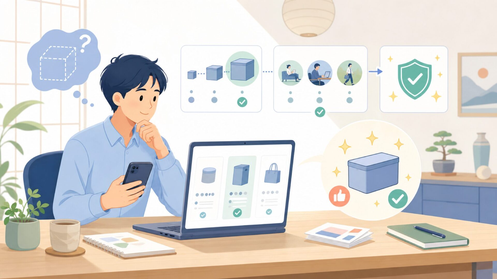購入前に確認したい、サイズ・用途・シーンの合わせ方を表すイラスト