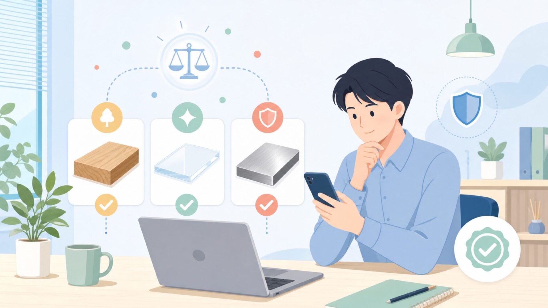 加工目的で選ぶ(木材・アクリル・金属)を表すイラスト