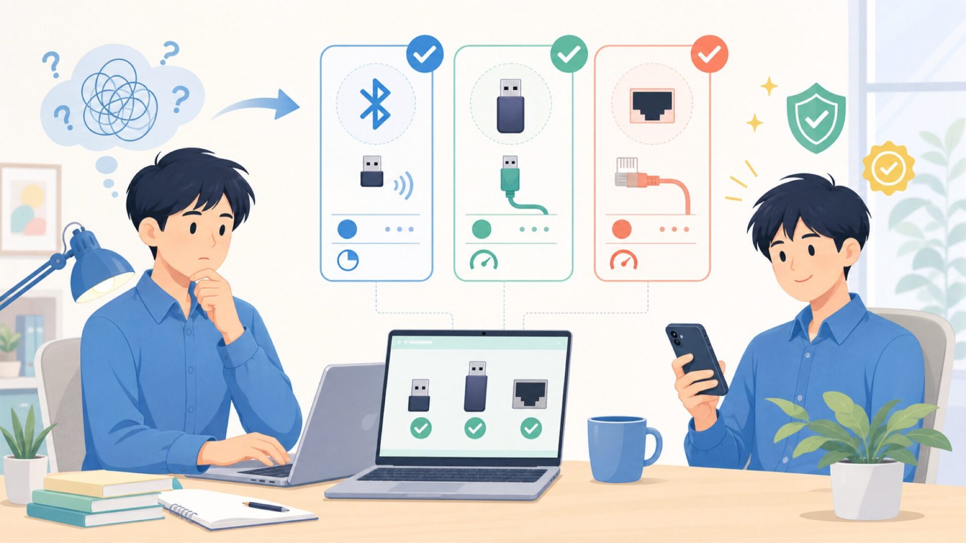 接続方式で選ぶ:Bluetooth・USB・Ethernetの違いを表すイラスト