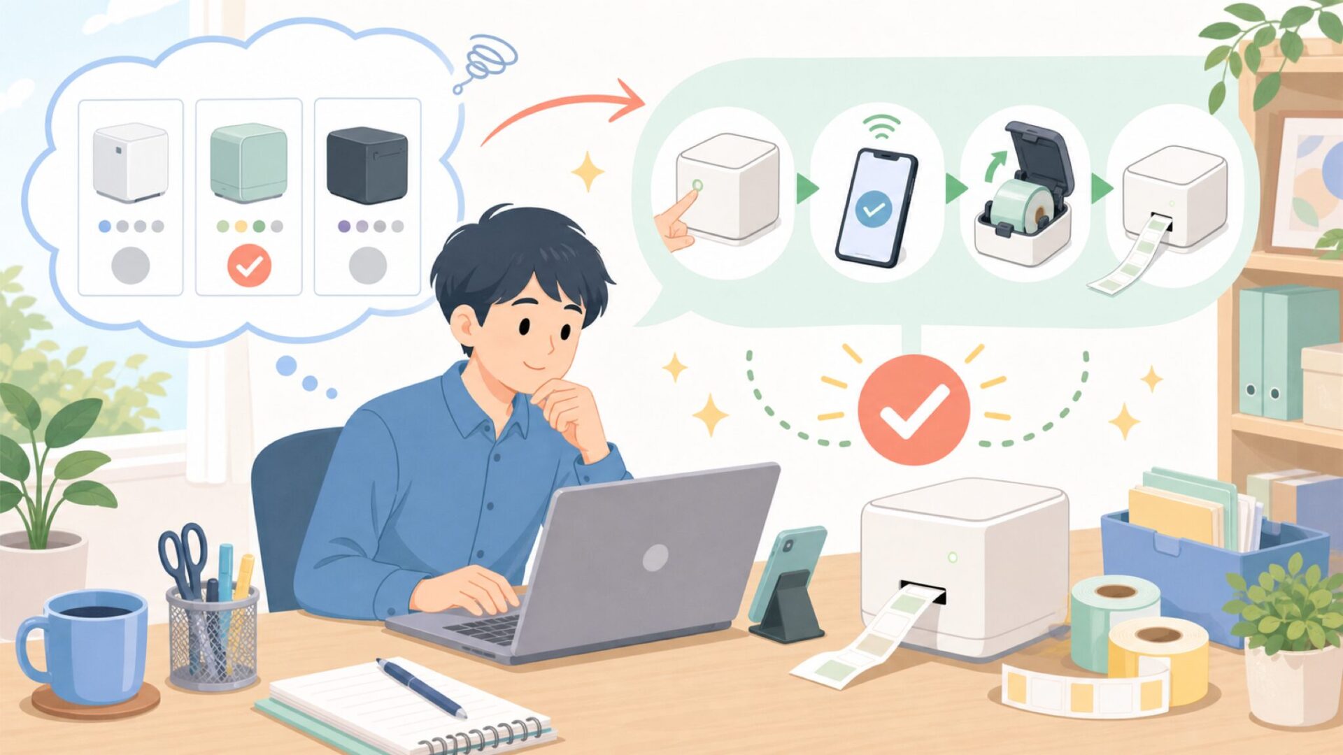 買った後につまずかない初期設定とラベル交換のコツを表すイラスト