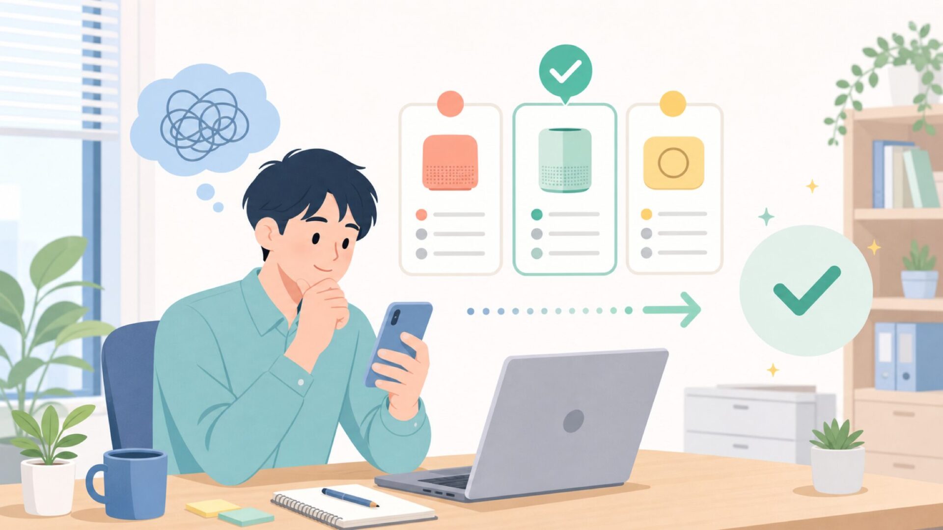 後悔しないための購入前チェックと代替候補を表すイラスト