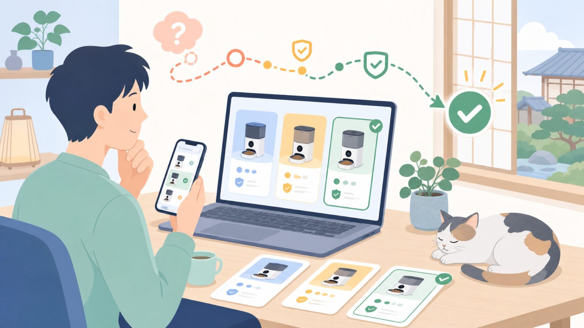 PETGEEKと似た自動給餌器ブランドを比較して選ぶを表すイラスト