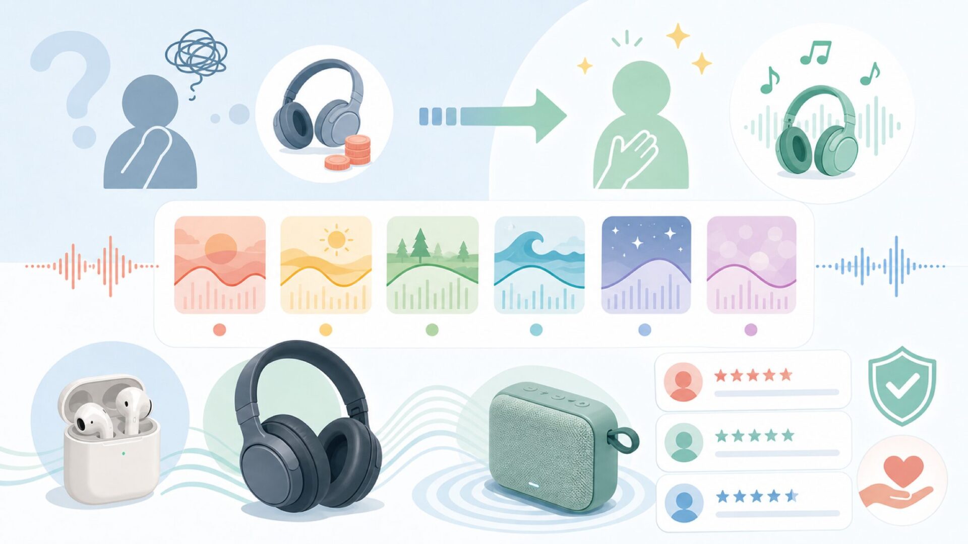 6つのEQモードで変わる音質体験を表すイラスト