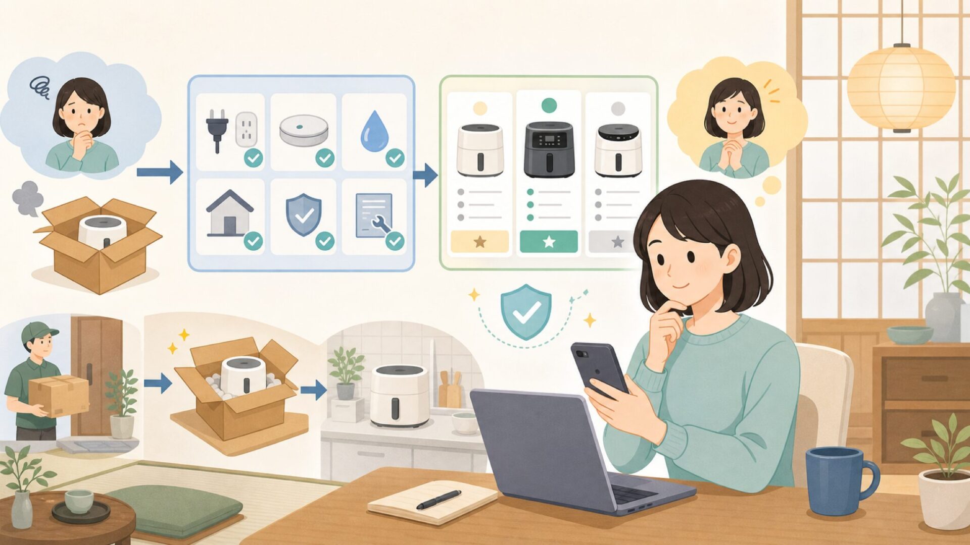 日本の家庭で使うときに知っておきたい注意点を表すイラスト
