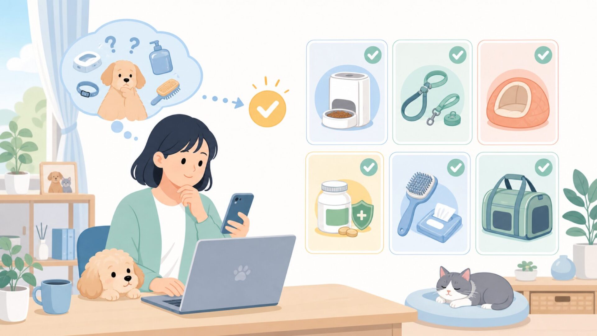 SureFeedと合わせて検討したいペット用品6選を表すイラスト