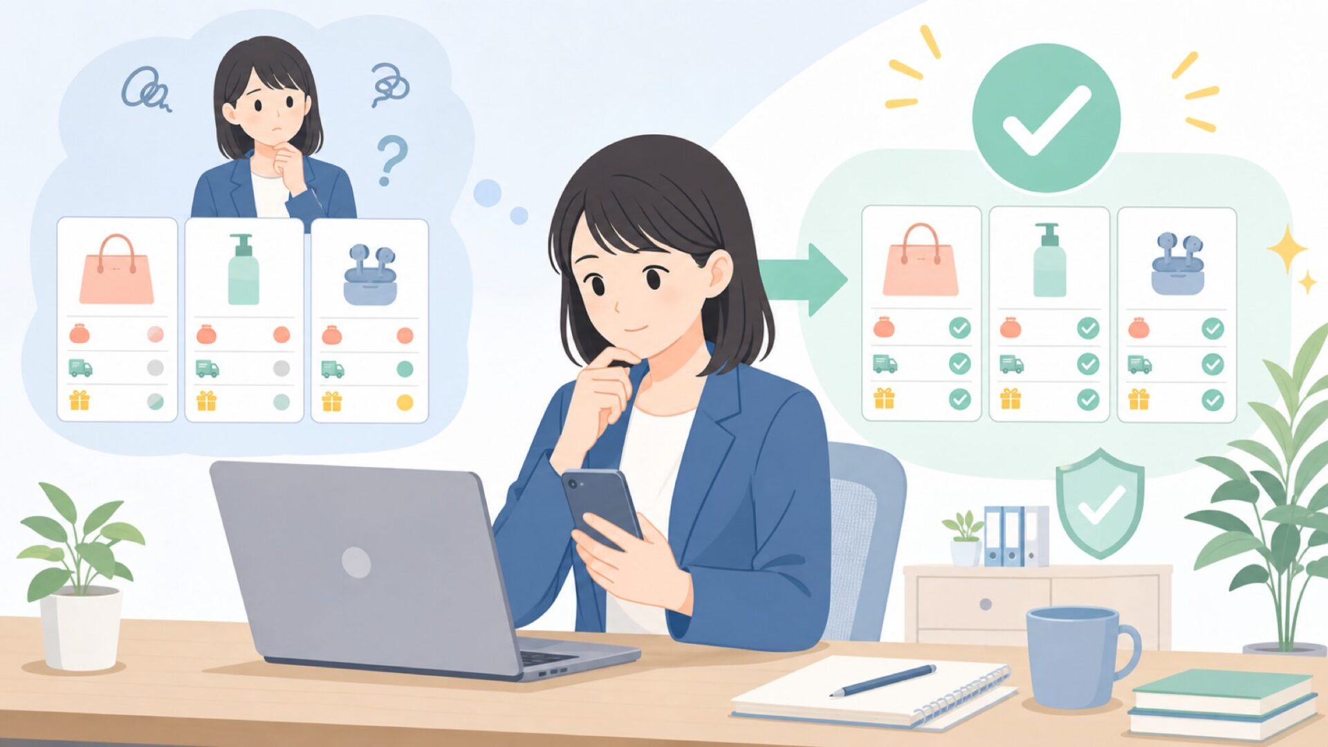 購入前に確認したい価格・送料・キャンペーン情報を表すイラスト