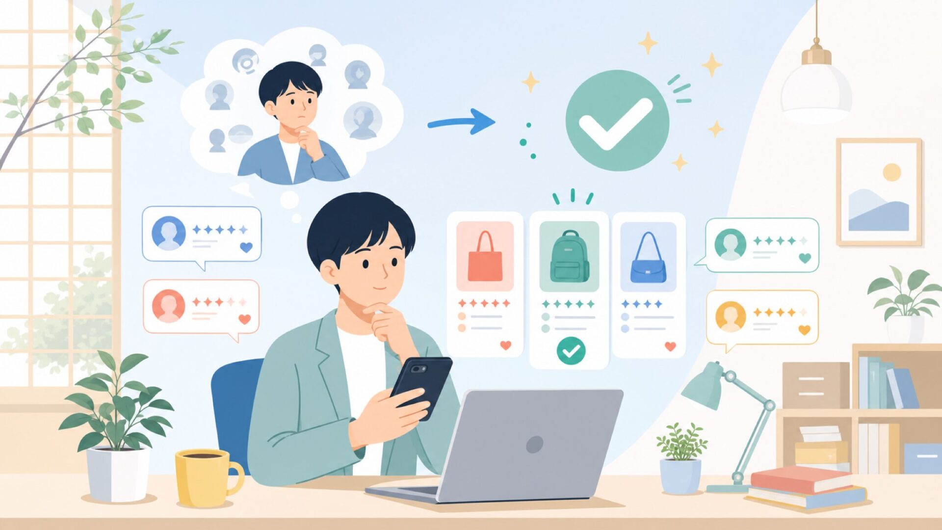 実際の評判は？SNSやレビューから見えてくることを表すイラスト