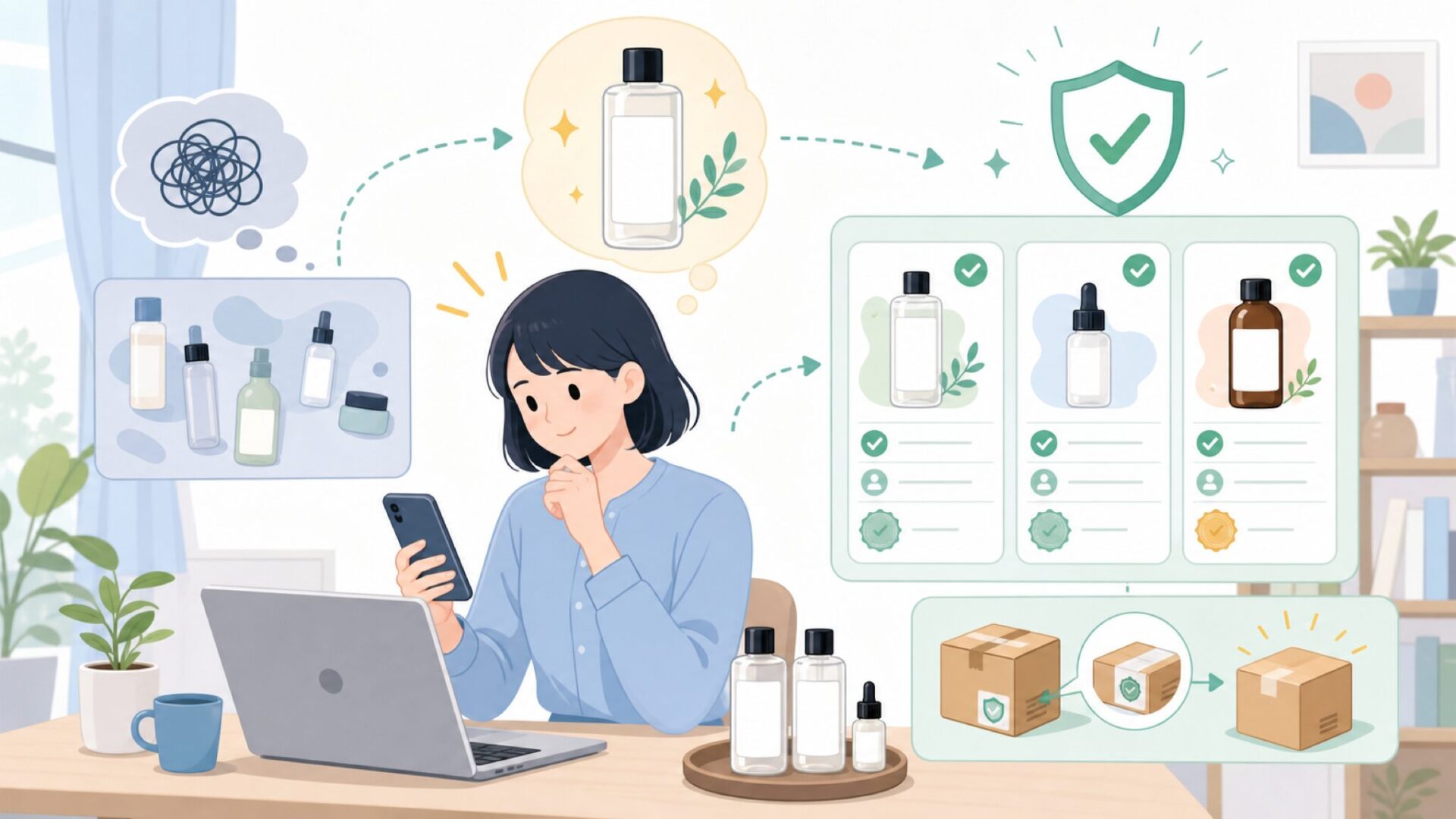 ONE THINGの化粧水をもっと楽しむ使い方と購入先の見極め方を表すイラスト