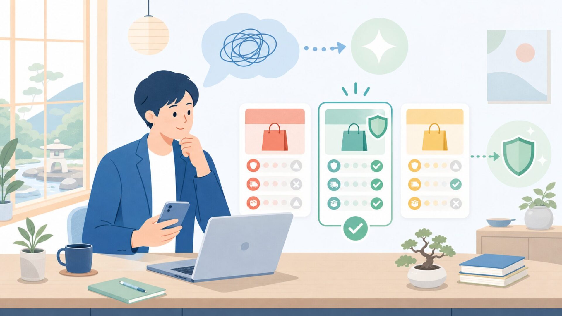 信頼できる購入先を選ぶための見分け方を表すイラスト
