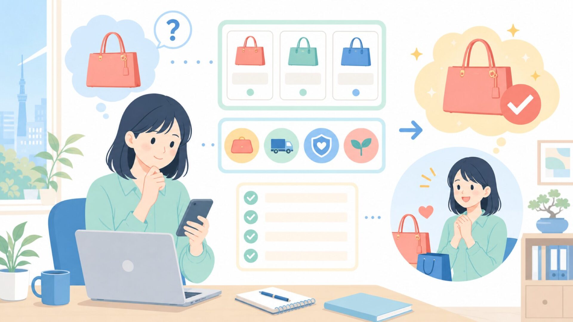 どこで買える?購入前に知っておきたいポイントを表すイラスト