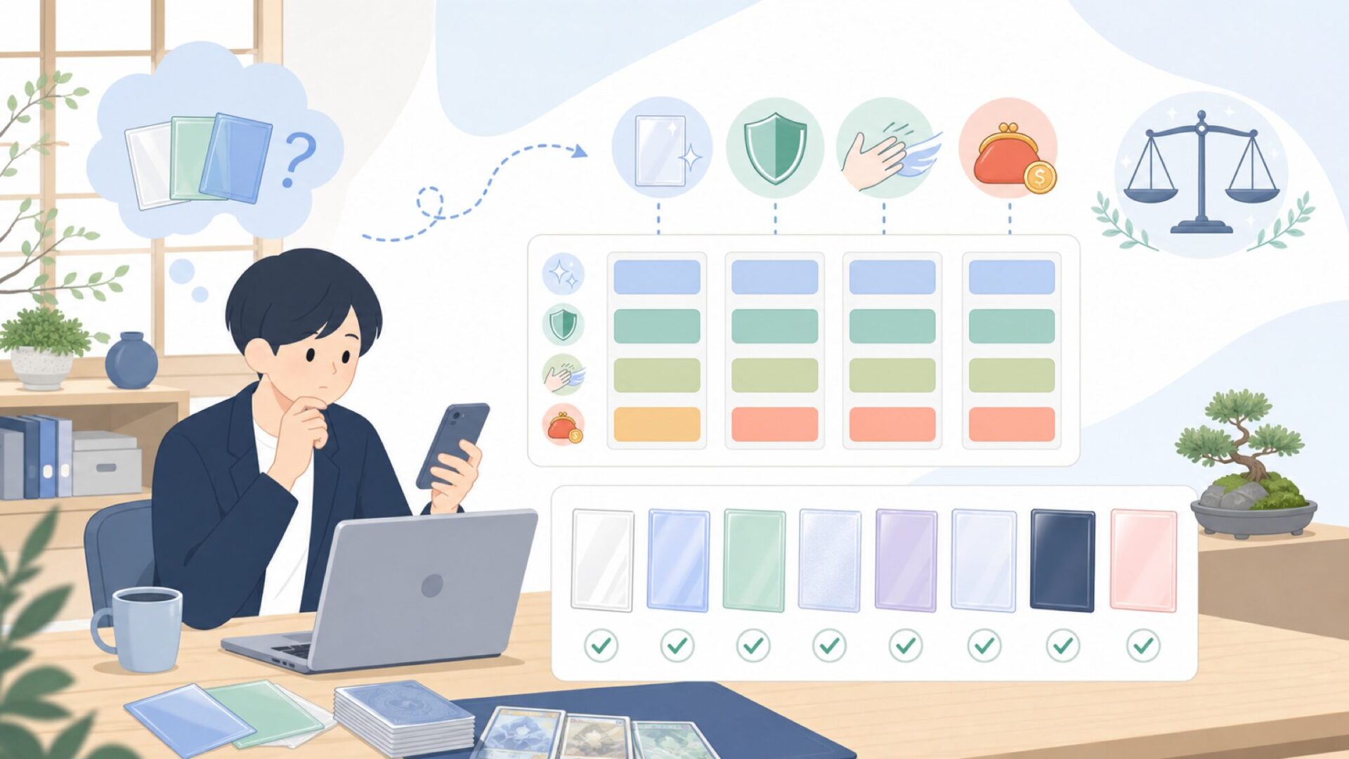 無地スリーブ徹底比較表と用途別おすすめ8選を表すイラスト