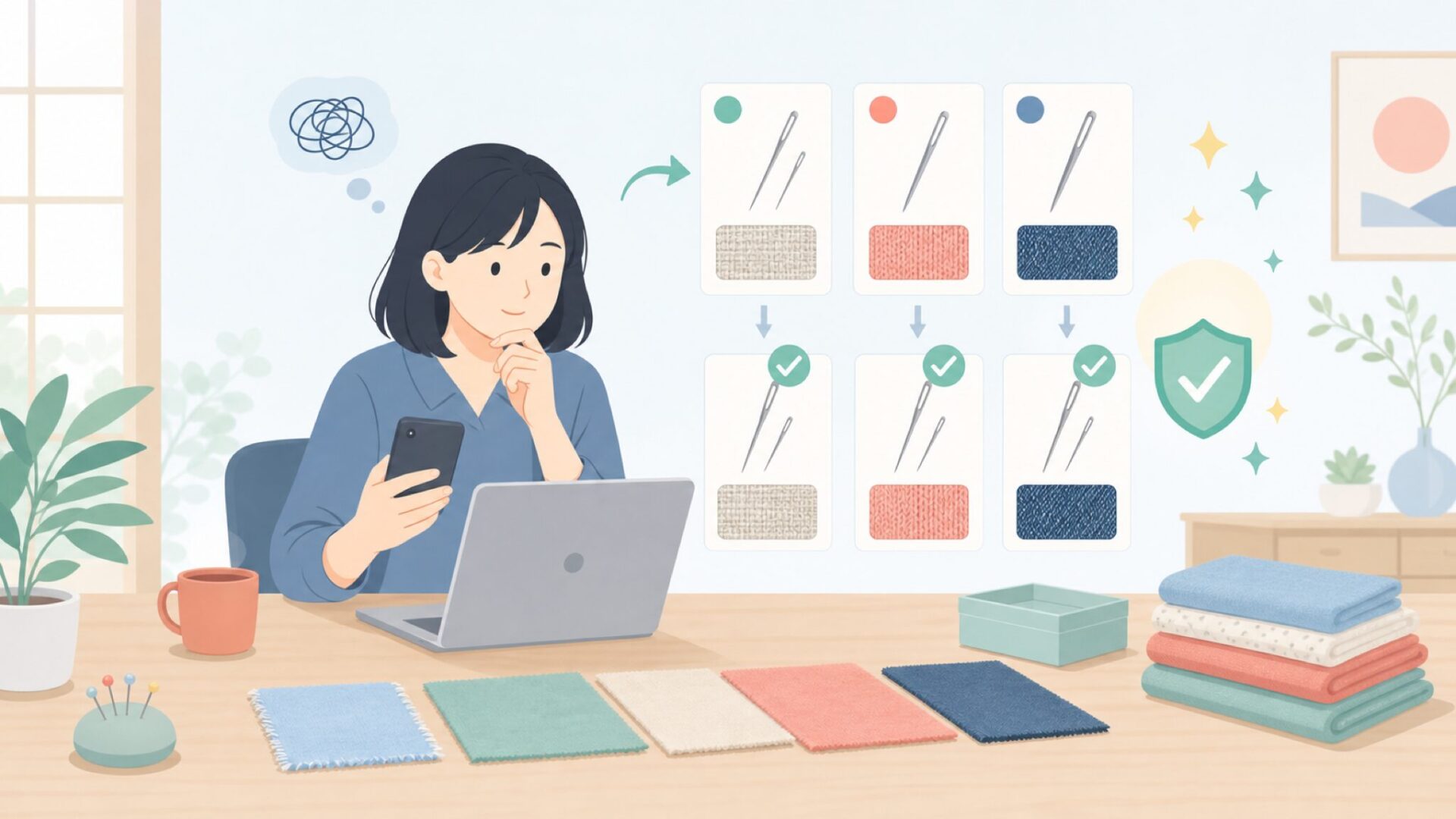 生地・用途に合わせた針の選び方を表すイラスト