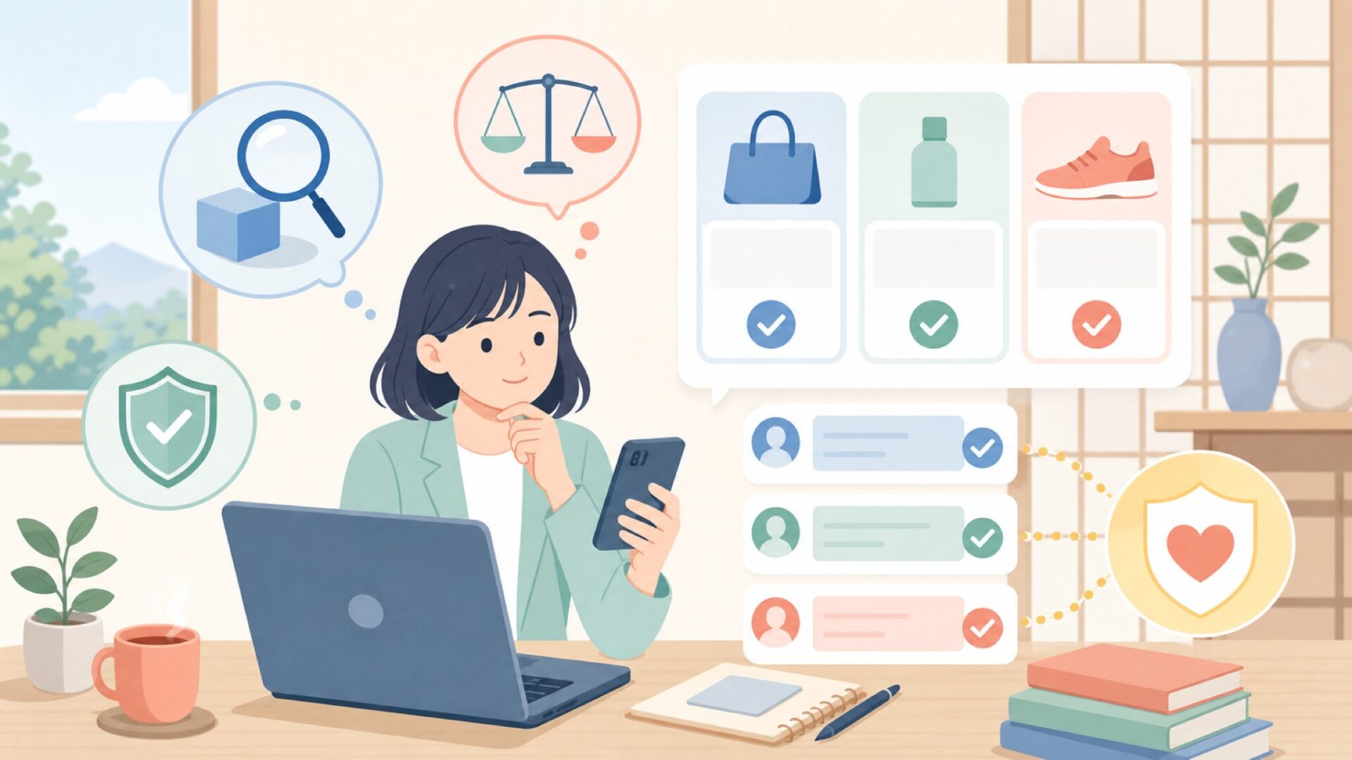 商品や投稿を判断するときのチェックポイントを表すイラスト