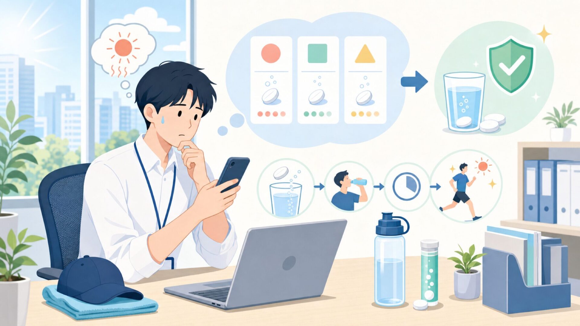 暑い時期の運動で失敗しない、摂取タイミングと使い方のコツを表すイラスト
