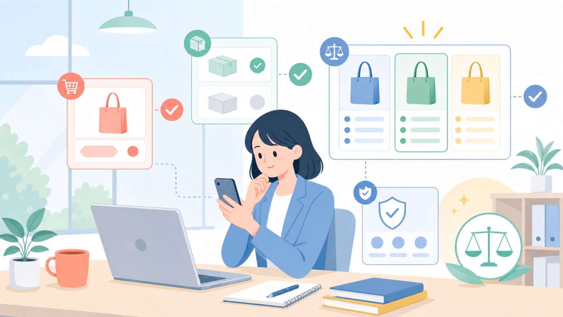 購入前に比較しておきたいポイント（価格・在庫・類似品との違い）を表すイラスト