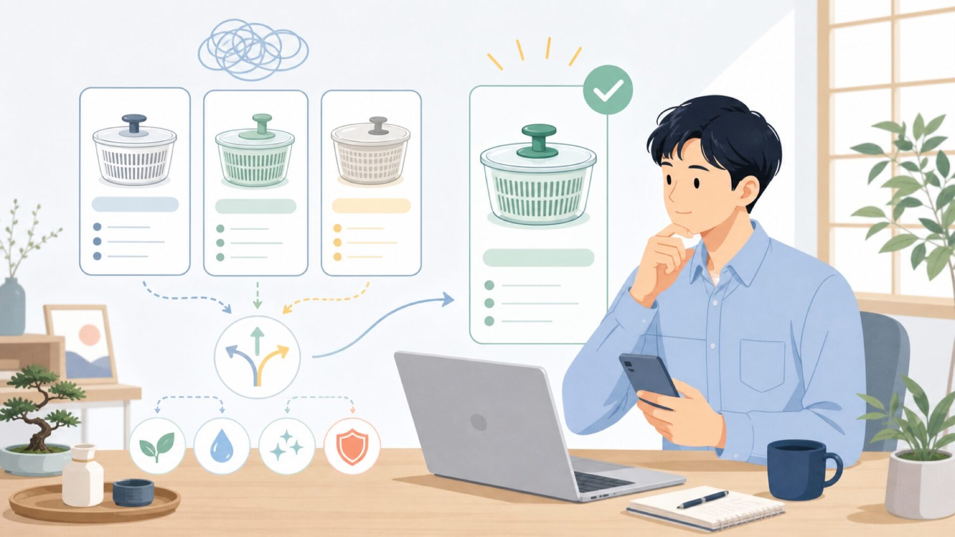 OXOサラダスピナーのラインナップ紹介 迷ったときの選び方を表すイラスト