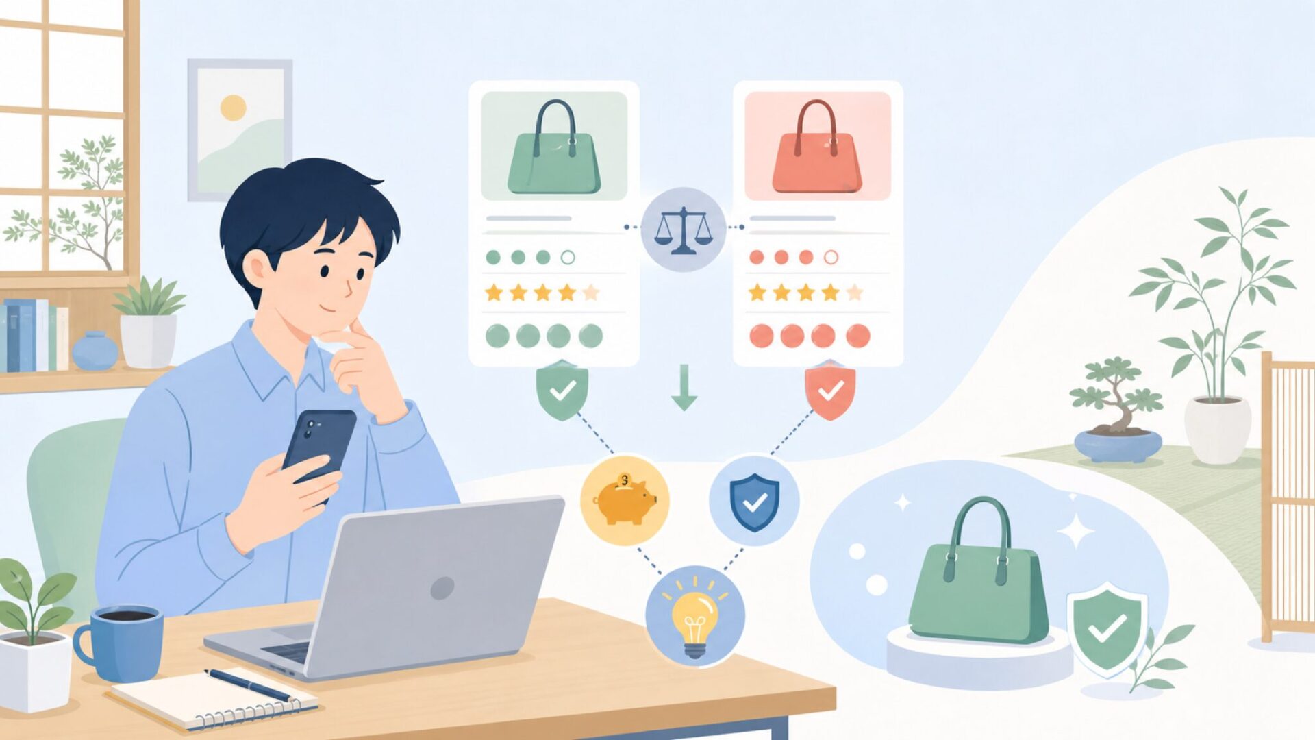 購入先はどこがいい?価格とレビューの見極め方を表すイラスト