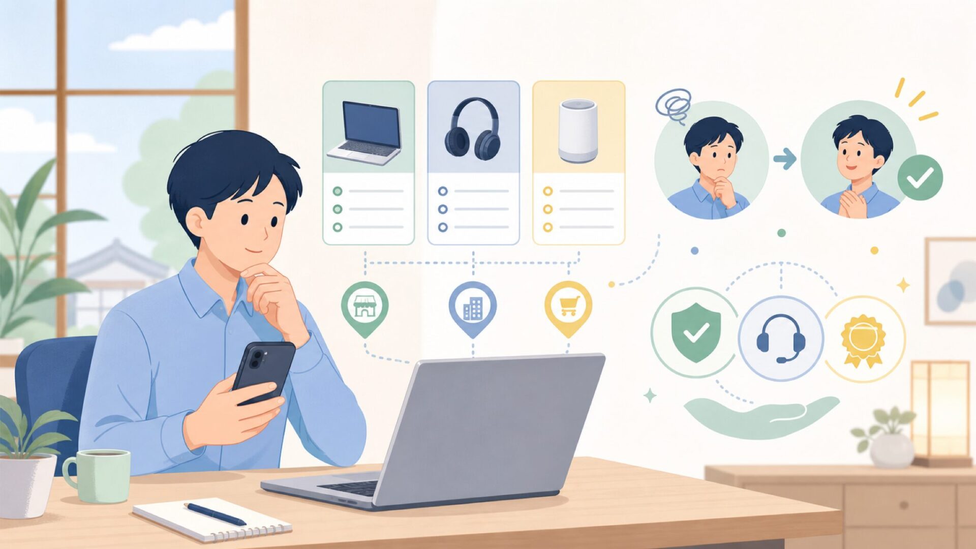 購入先とサポート体制を確認しておこうを表すイラスト