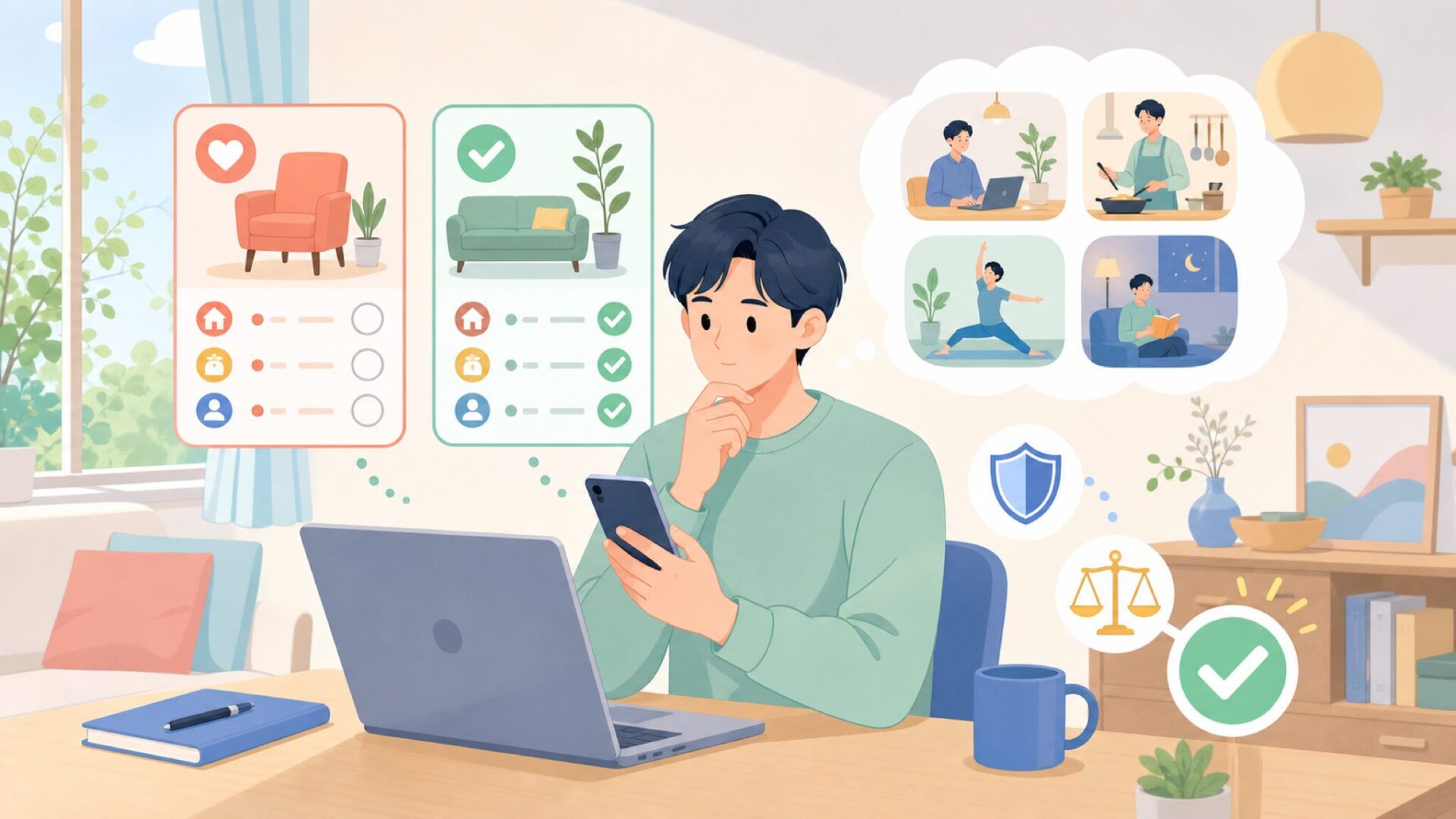 自分の暮らしに合うかどうかを見極めるポイントを表すイラスト