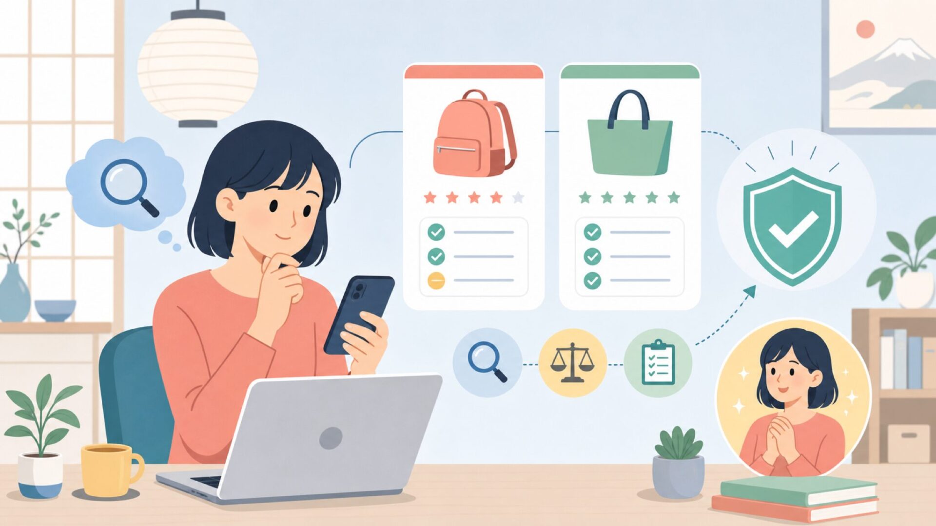 信頼できる商品かどうかを見極めるチェックポイントを表すイラスト