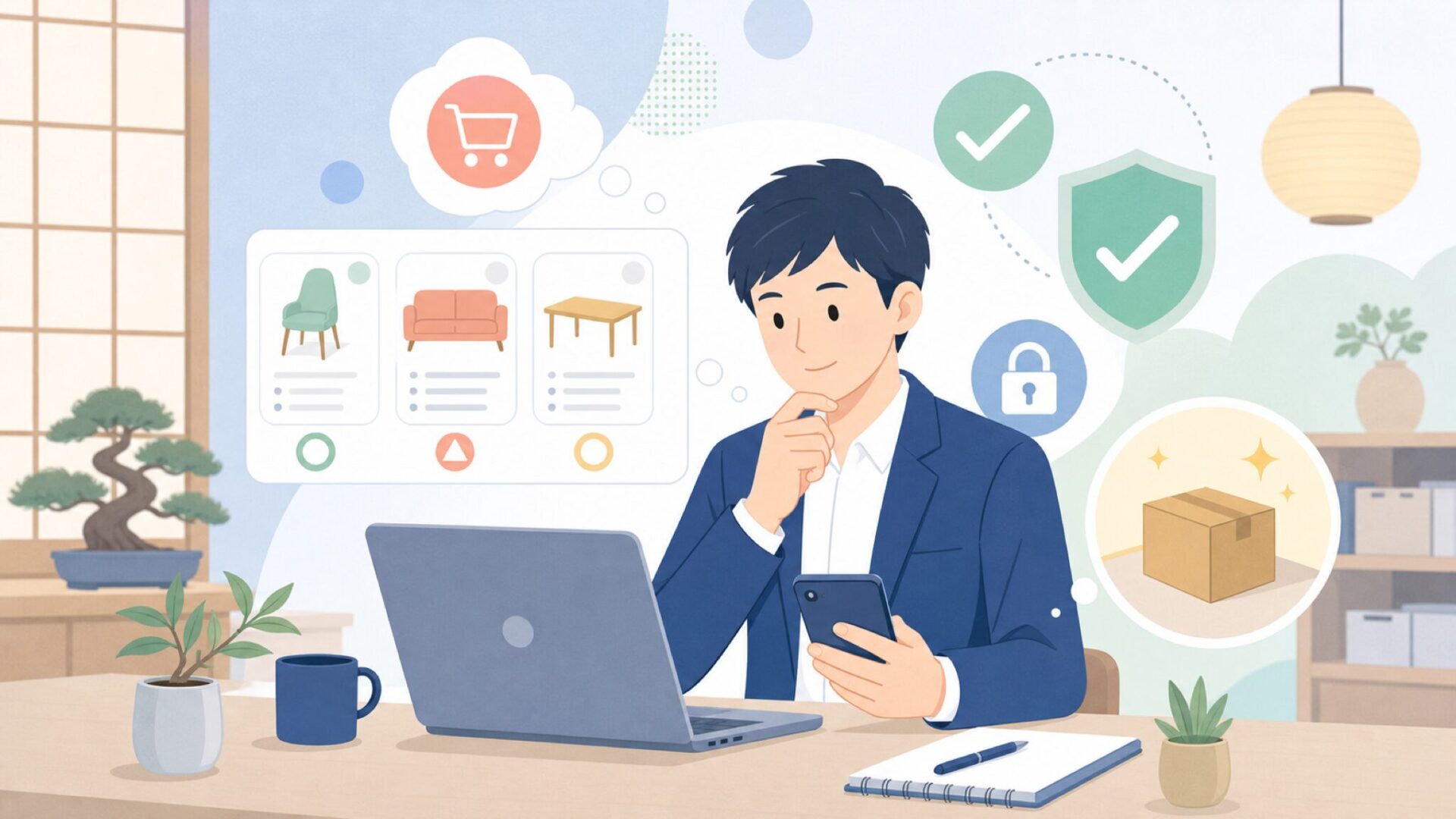 購入前に確認しておきたい注意点を表すイラスト