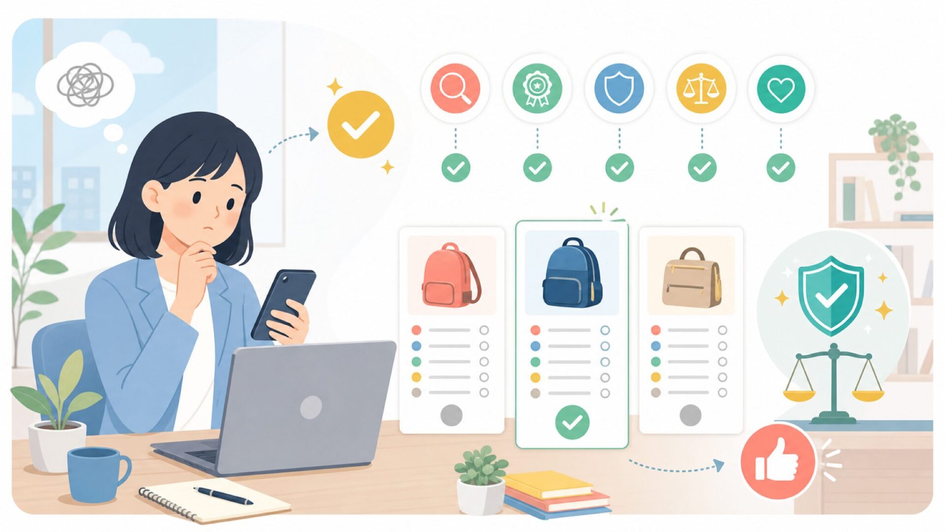 購入前に確認したい5つのチェックポイントを表すイラスト