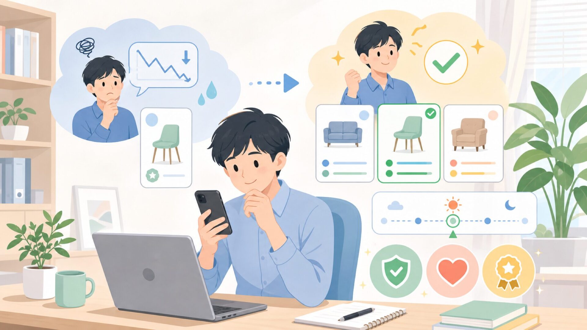 価格の妥当性と賢い購入タイミングを表すイラスト