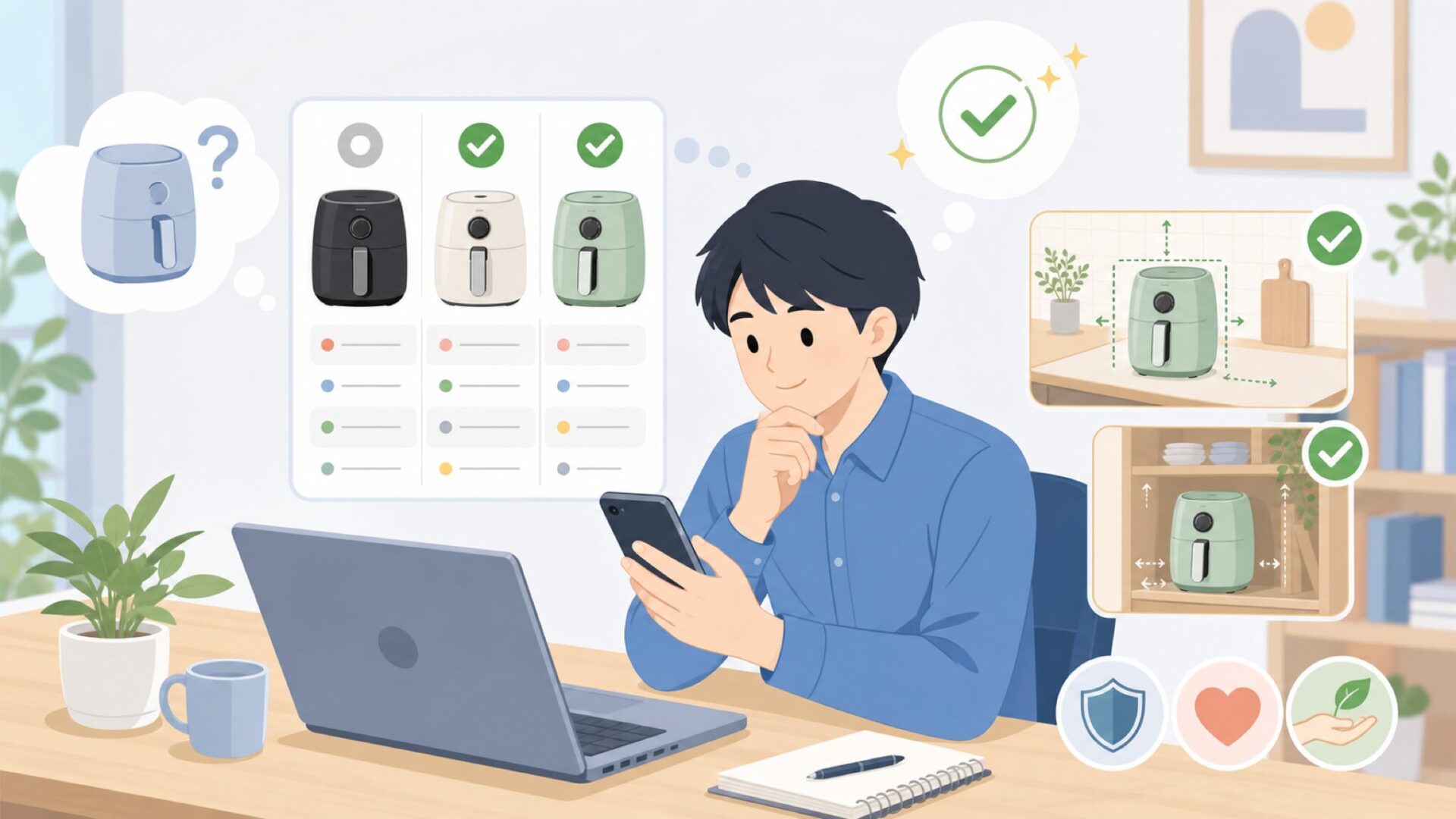 エアフライヤー選びで失敗しないためのチェックポイントを表すイラスト