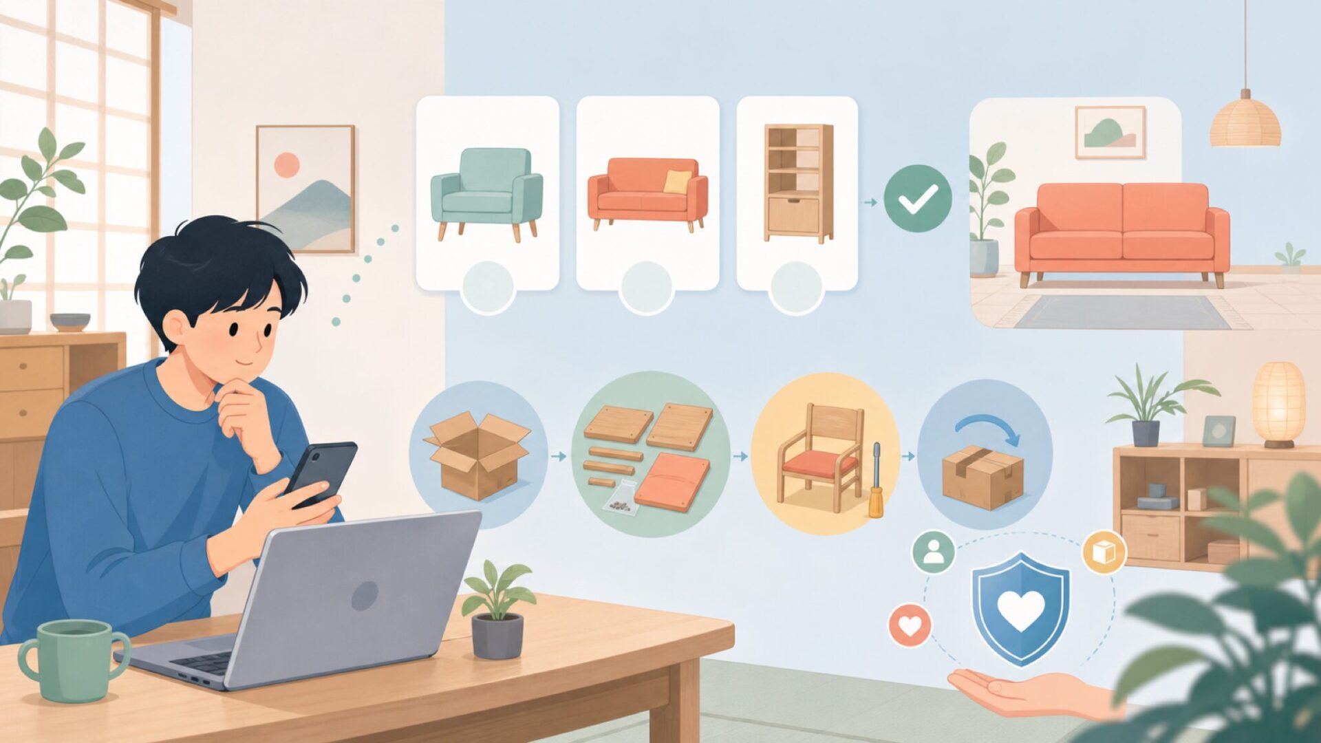 組み立て・返品・部屋へのなじみ方を表すイラスト