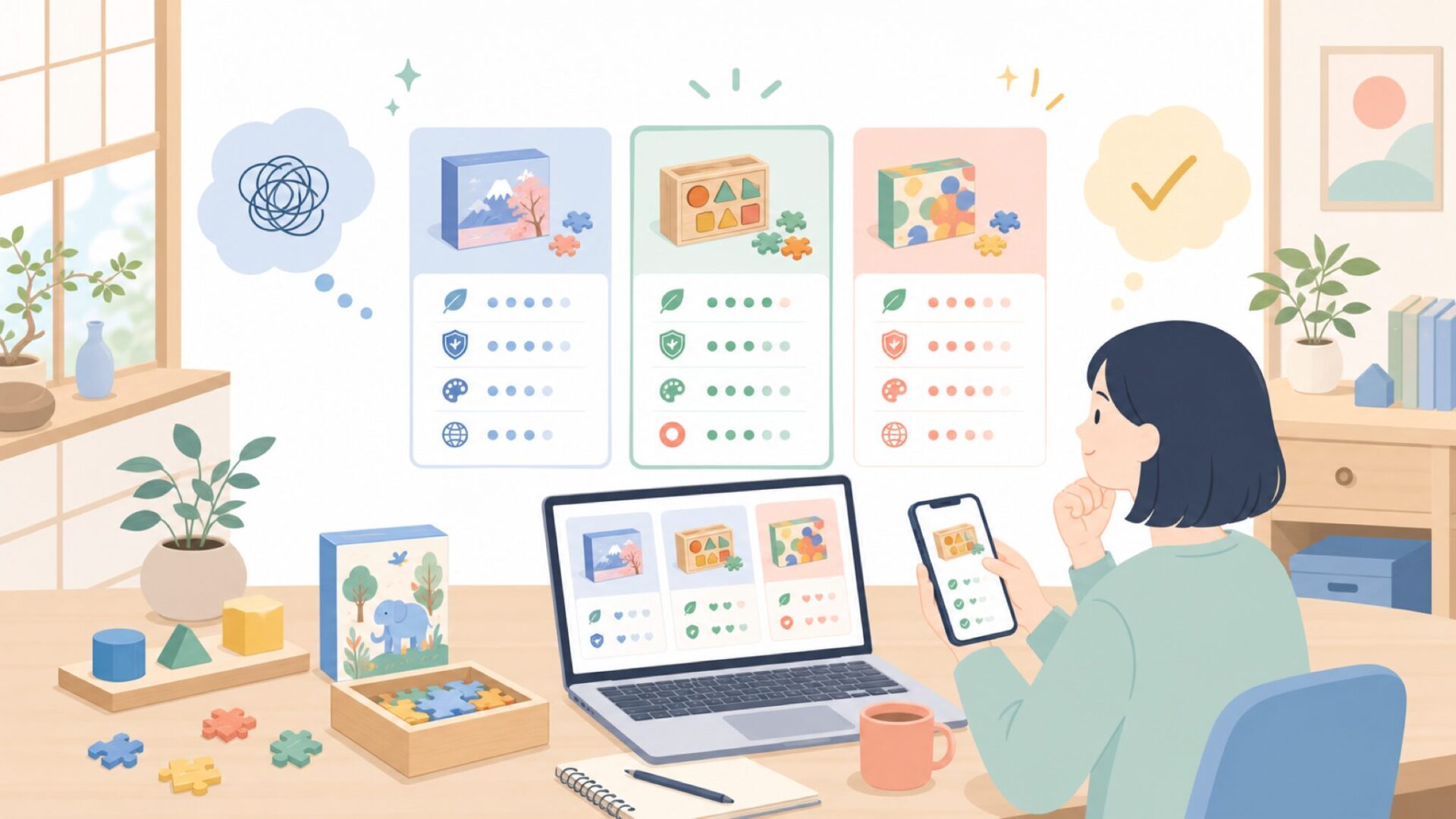 eeBooと日本製パズル・他の海外ブランドとの違いを表すイラスト