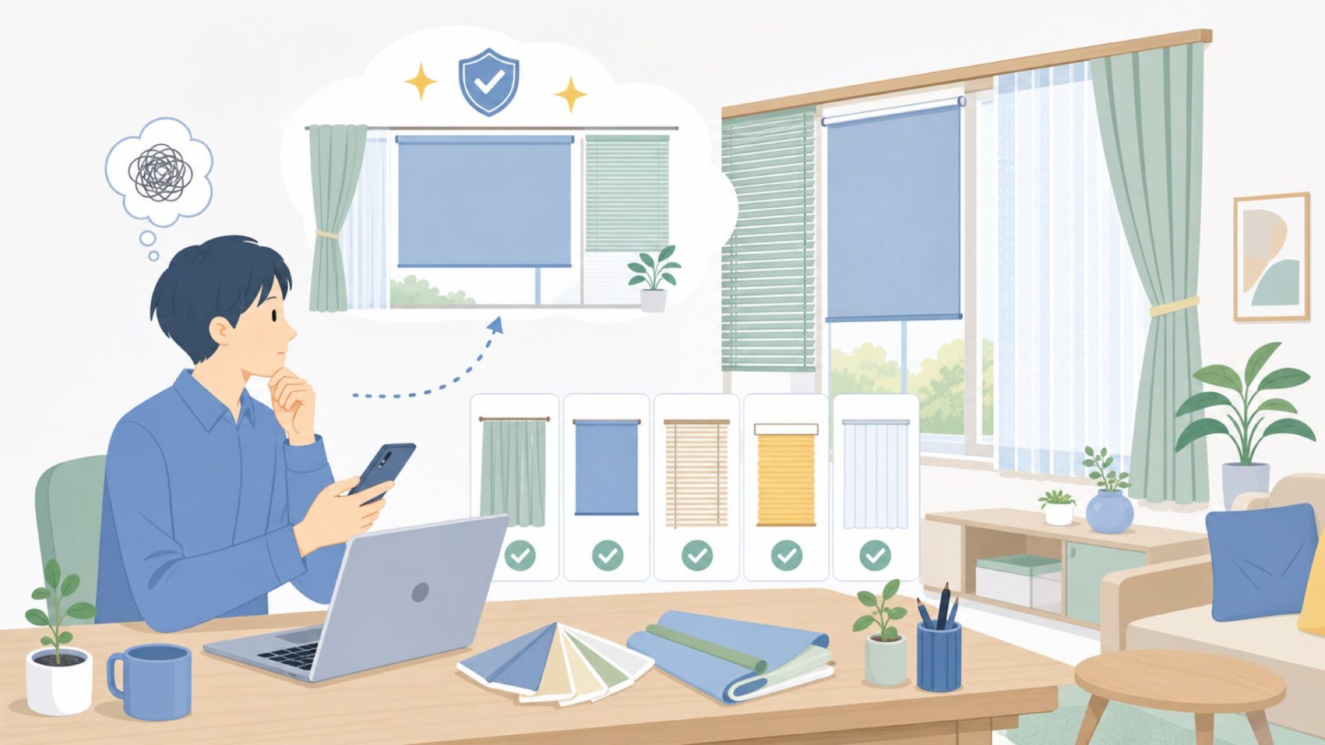 ロールスクリーンなど窓まわりアイテムとの組み合わせを表すイラスト