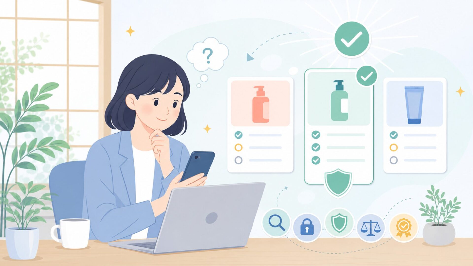 購入前にチェックしたい安全性の見極めポイントを表すイラスト