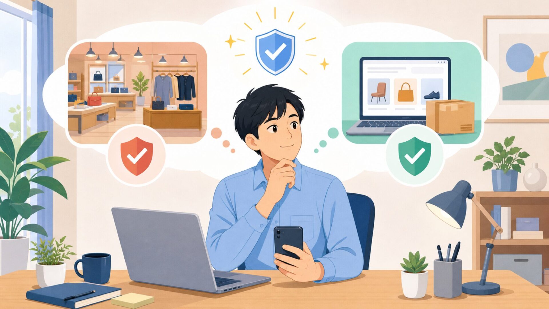 実店舗と通販、どこで買うのが安心？を表すイラスト